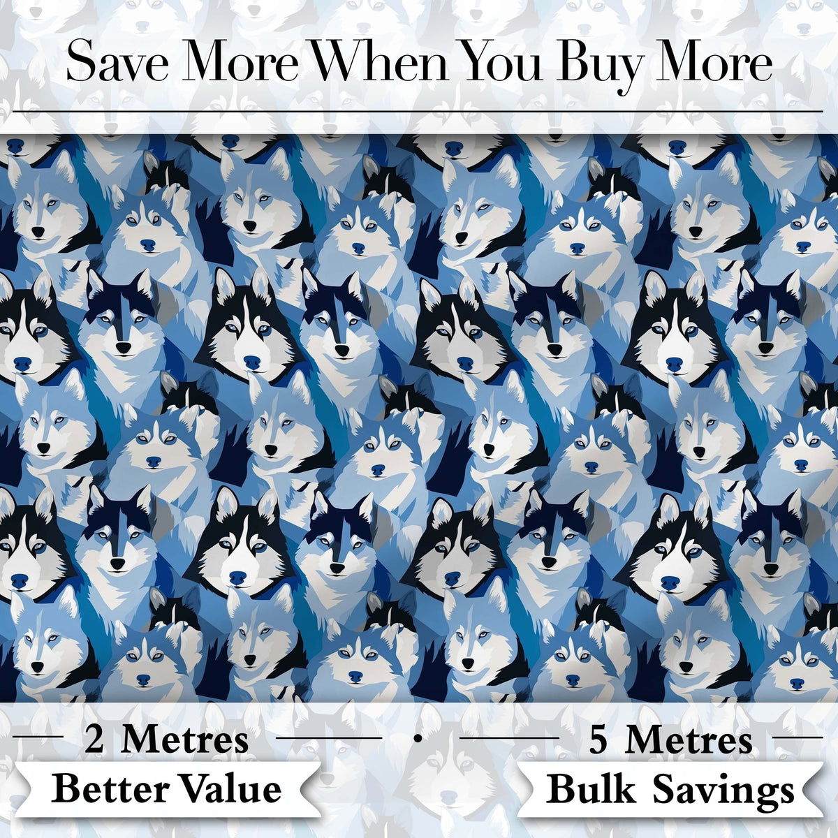 Blue Tone Husky Dog Faces Seamless Repeat Pattern Stylish Design Digital Print Fabric by the Metre UK Sewing Quilting Textile