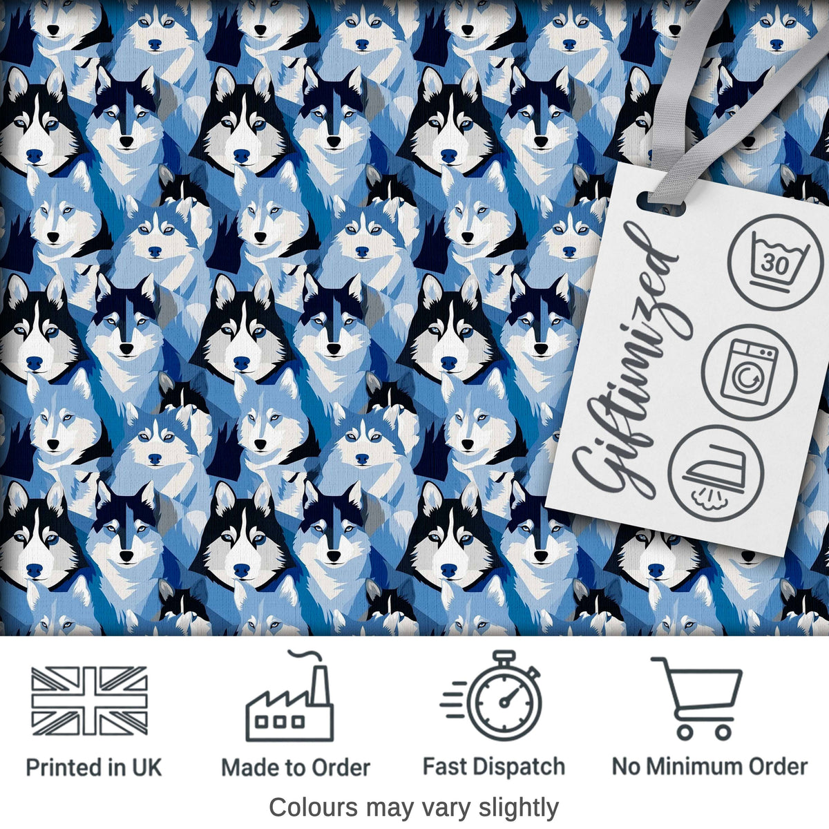 Blue Tone Husky Dog Faces Seamless Repeat Pattern Stylish Design Digital Print Fabric by the Metre UK Sewing Quilting Textile