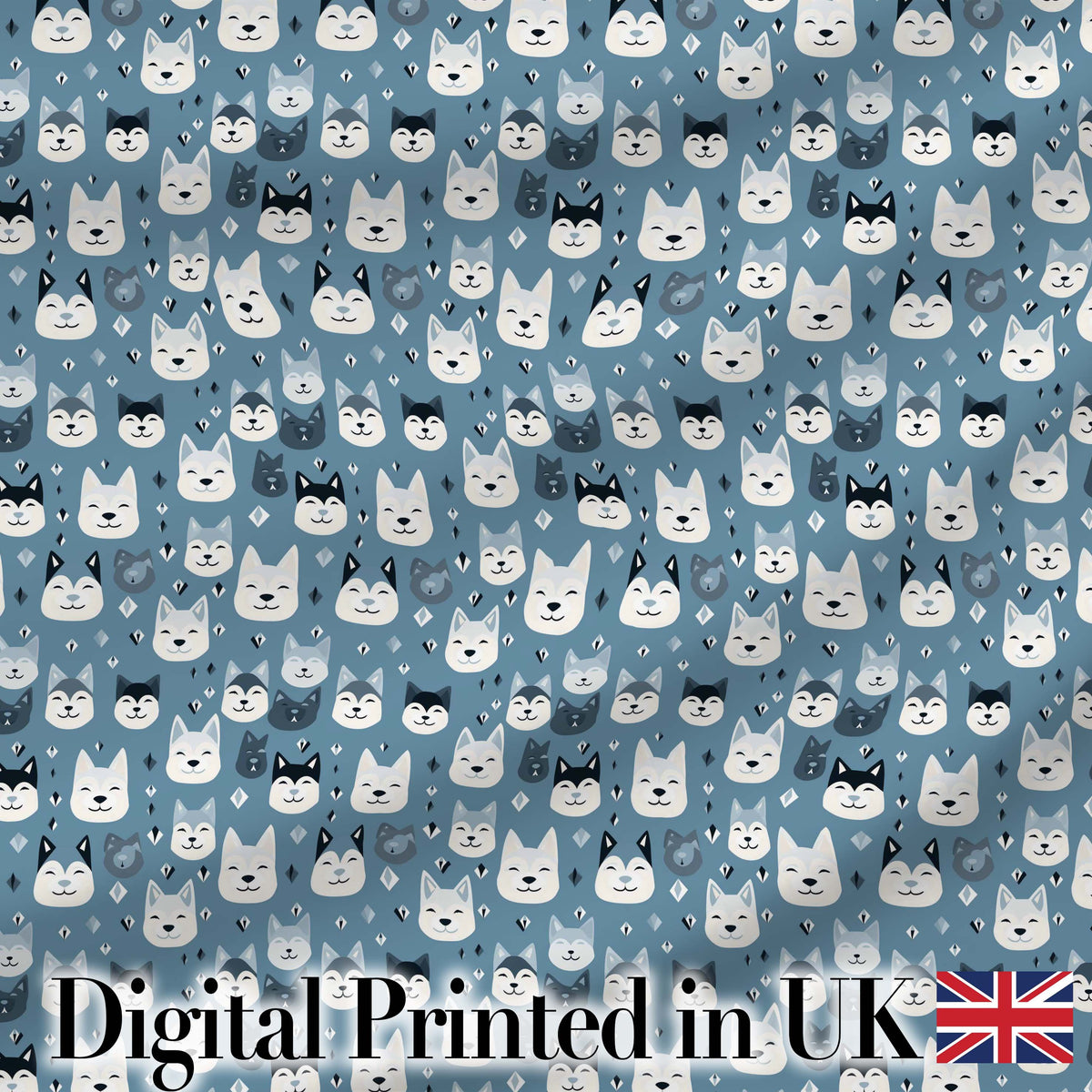 Cute Cartoon Husky Faces Playful Seamless Pattern Blue Background Digital Print Fabric by the Metre UK Sewing Quilting Textile