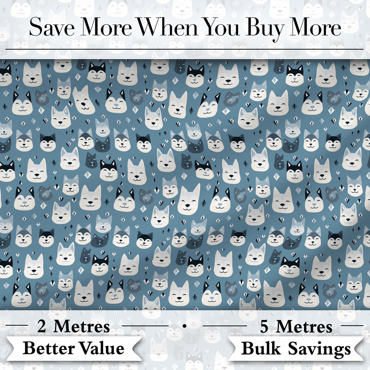 Cute Cartoon Husky Faces Playful Seamless Pattern Blue Background Digital Print Fabric by the Metre UK Sewing Quilting Textile