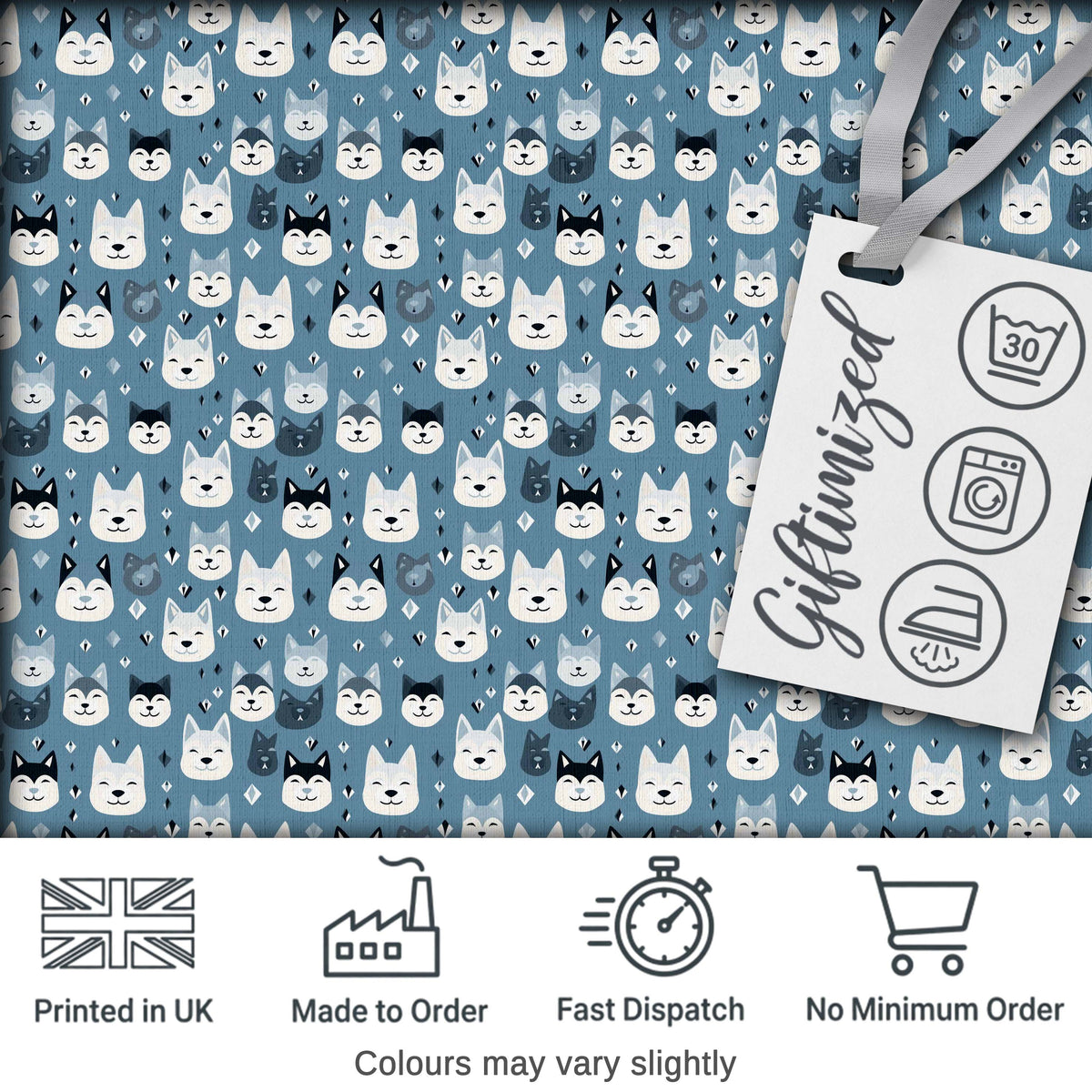 Cute Cartoon Husky Faces Playful Seamless Pattern Blue Background Digital Print Fabric by the Metre UK Sewing Quilting Textile