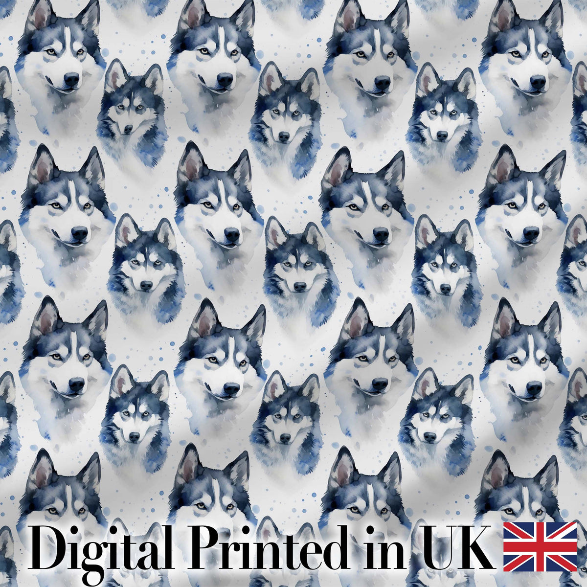 Watercolor Husky Dog Faces Seamless Pattern Soft Blue Splash Background Digital Print Fabric by the Metre UK Sewing Quilting Textile