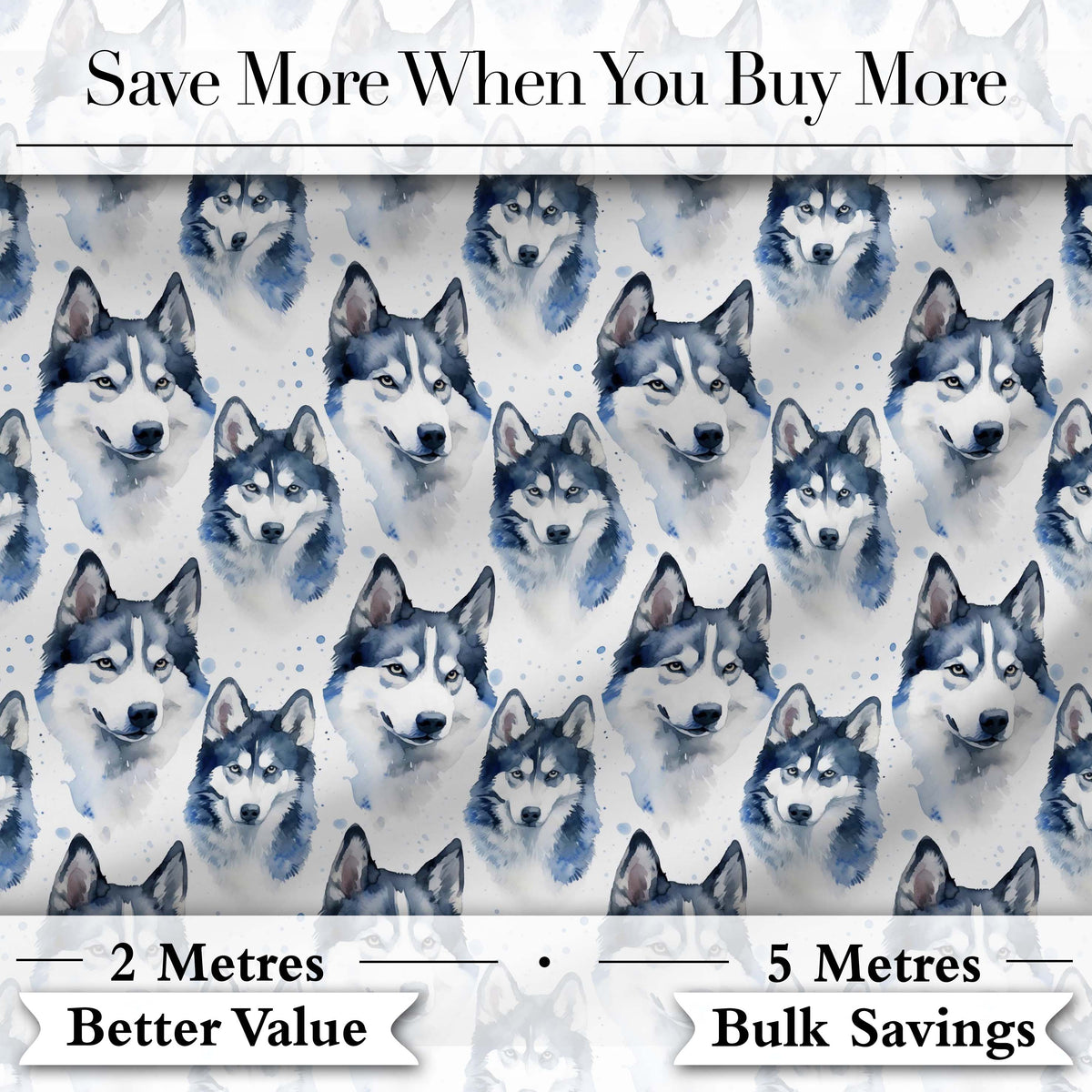 Watercolor Husky Dog Faces Seamless Pattern Soft Blue Splash Background Digital Print Fabric by the Metre UK Sewing Quilting Textile
