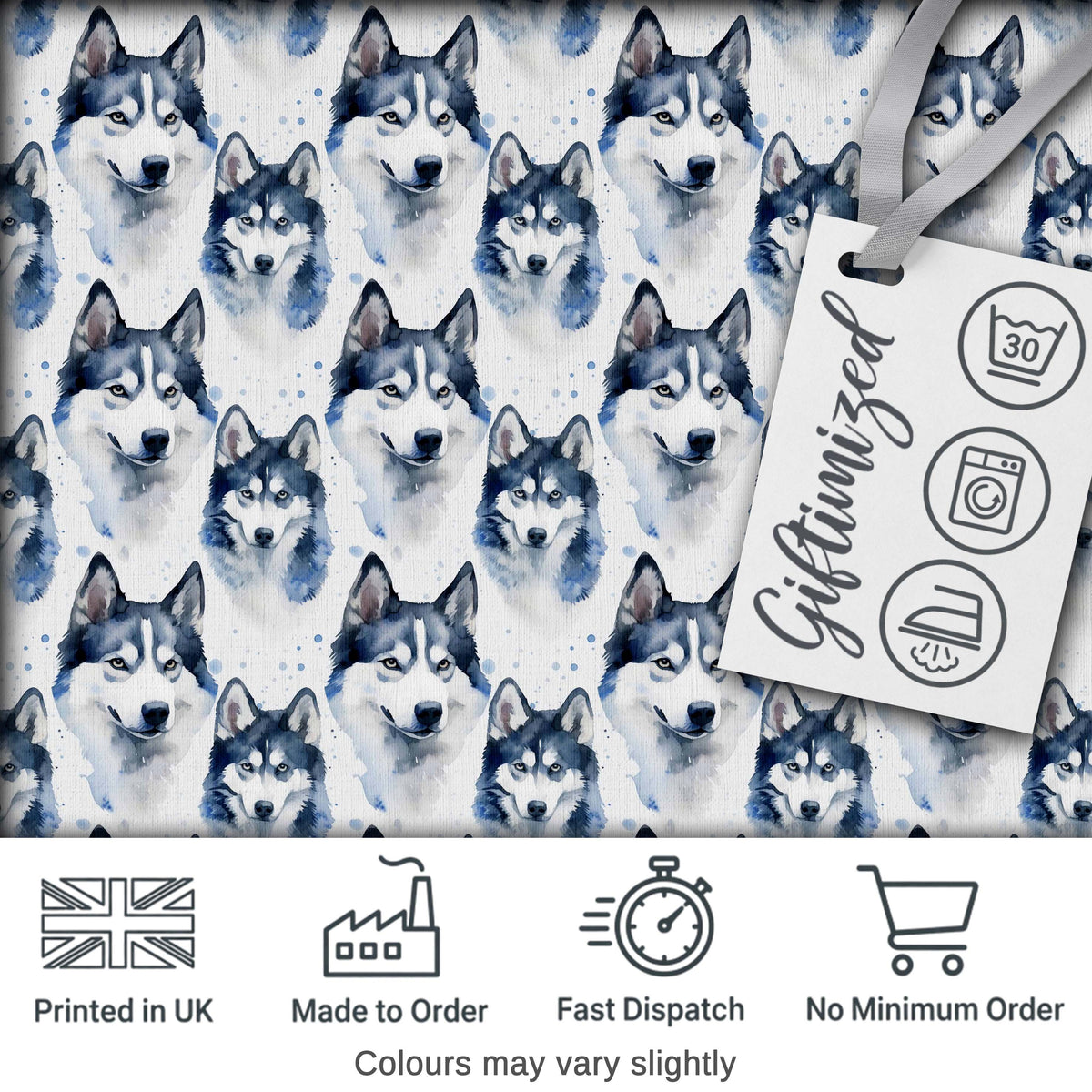 Watercolor Husky Dog Faces Seamless Pattern Soft Blue Splash Background Digital Print Fabric by the Metre UK Sewing Quilting Textile