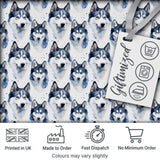 Watercolor Husky Dog Faces Seamless Pattern Soft Blue Splash Background Digital Print Fabric by the Metre UK Sewing Quilting Textile