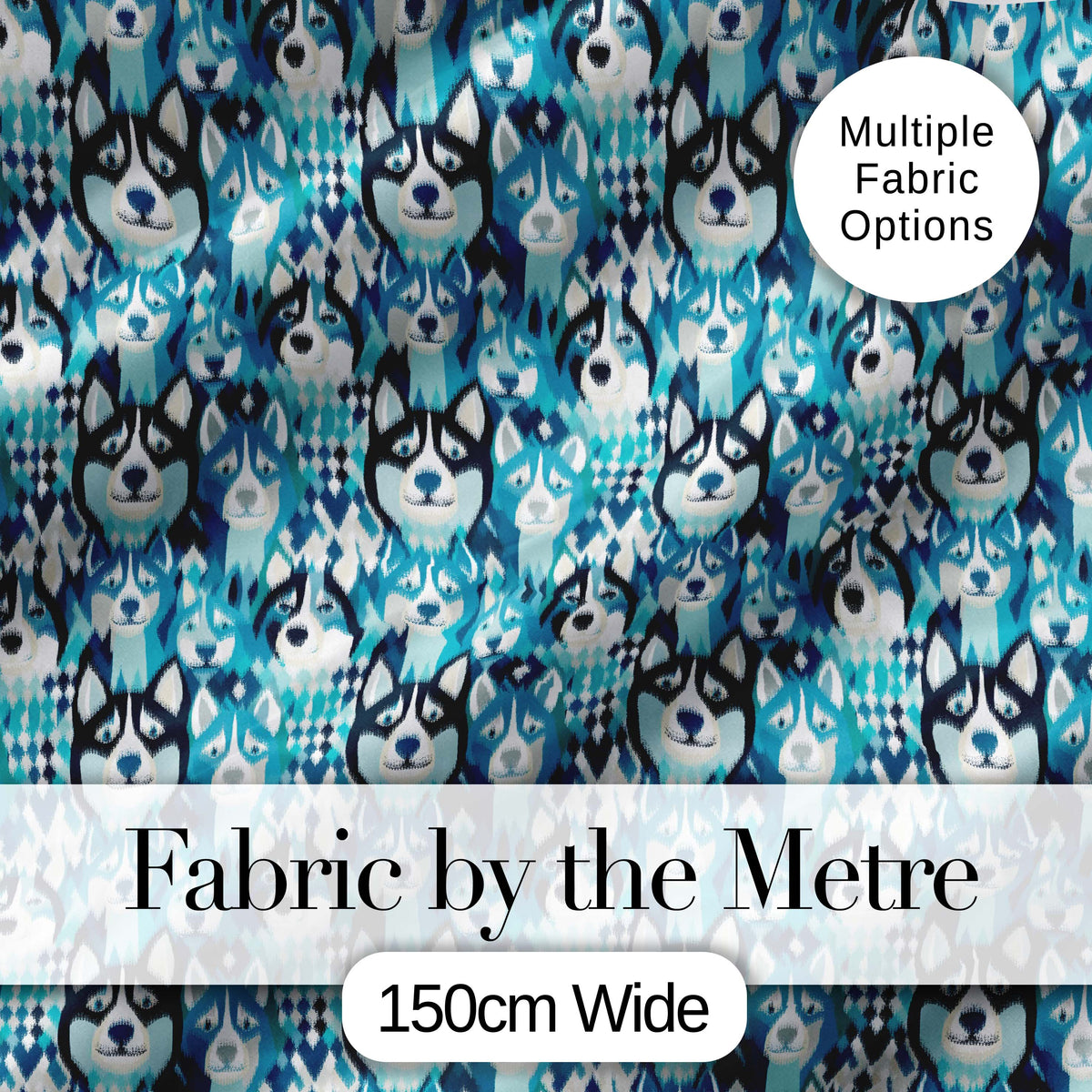 Argyle Style Husky Dog Faces Seamless Pattern Blue Geometric Background Digital Print Fabric by the Metre UK Sewing Quilting Textile