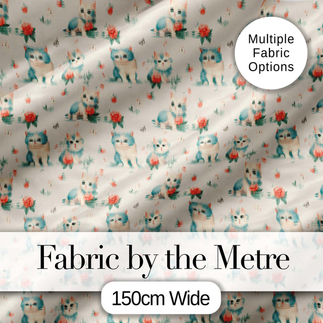 Cute Blue White Kitten with Roses Seamless Pattern Vintage Floral Background Digital Print Fabric by the Metre UK Sewing Quilting Textile