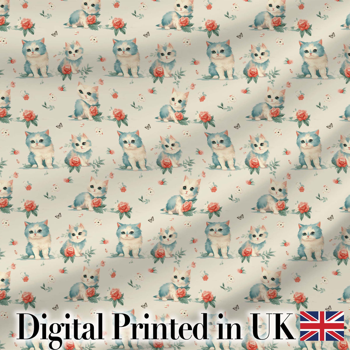 Cute Blue White Kitten with Roses Seamless Pattern Vintage Floral Background Digital Print Fabric by the Metre UK Sewing Quilting Textile