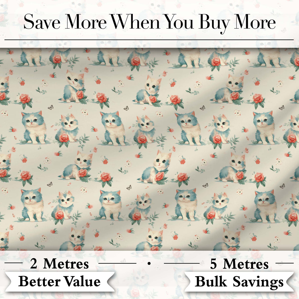 Cute Blue White Kitten with Roses Seamless Pattern Vintage Floral Background Digital Print Fabric by the Metre UK Sewing Quilting Textile