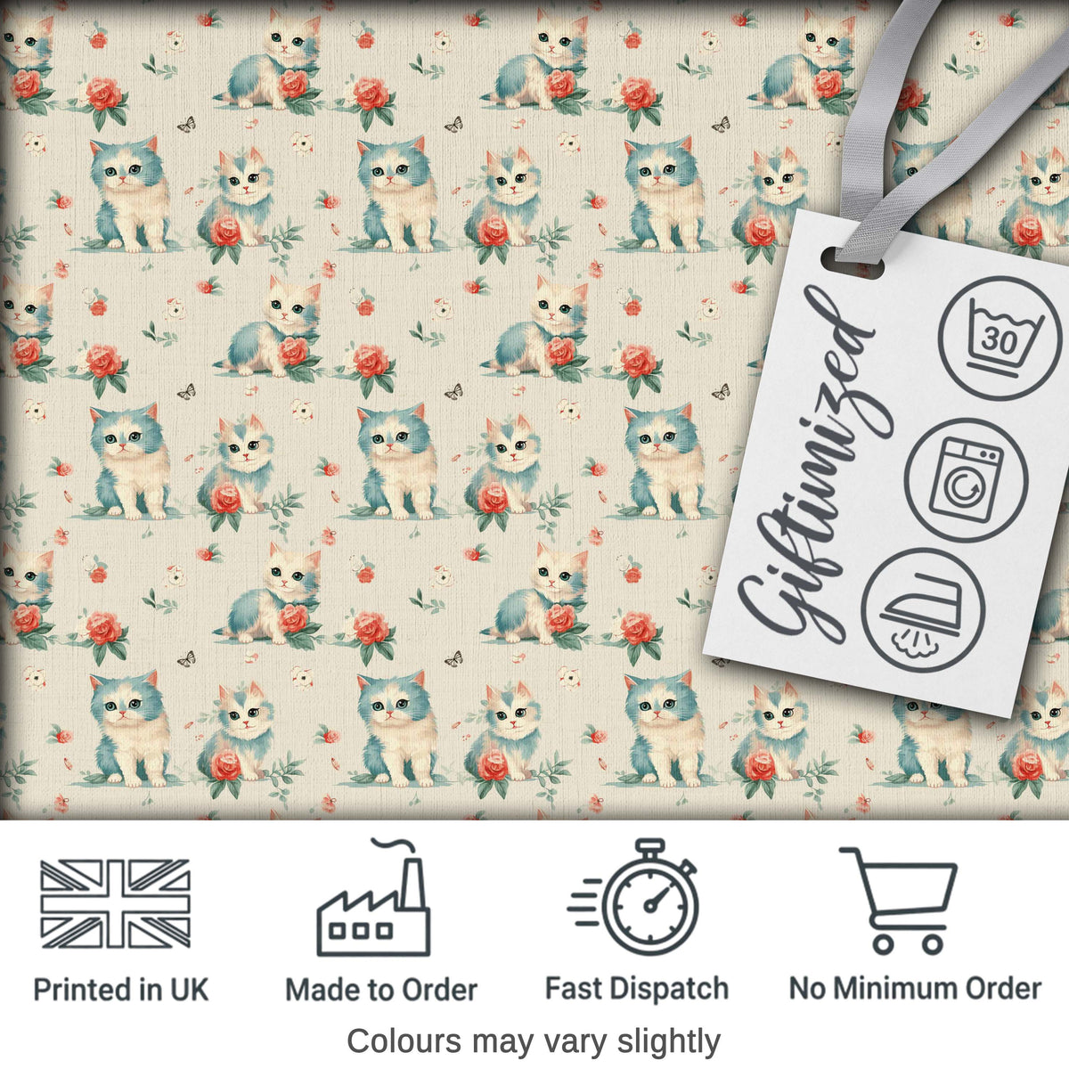 Cute Blue White Kitten with Roses Seamless Pattern Vintage Floral Background Digital Print Fabric by the Metre UK Sewing Quilting Textile