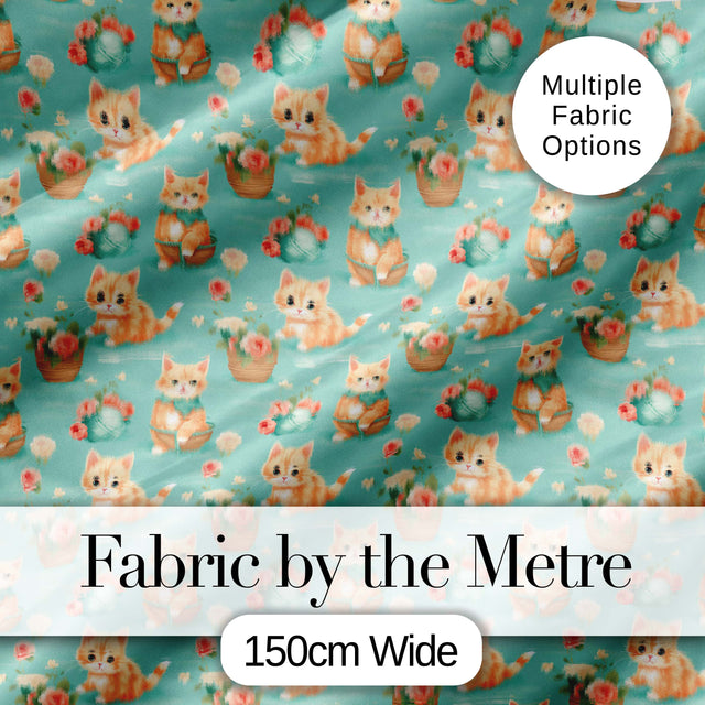 Cute Ginger Kitten with Flowers Basket Seamless Pattern Soft Teal Background Digital Print Fabric by the Metre UK Sewing Quilting Textile