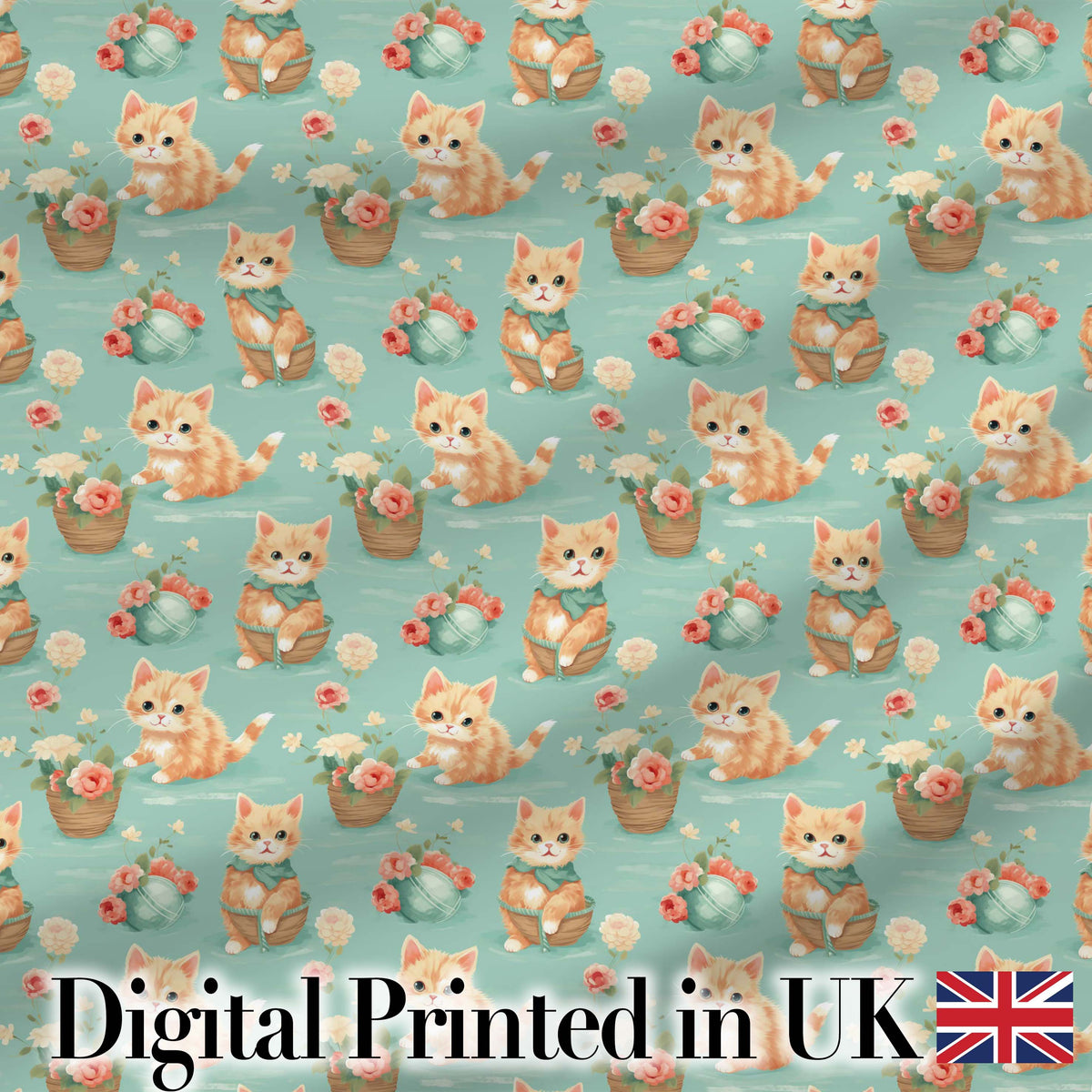 Cute Ginger Kitten with Flowers Basket Seamless Pattern Soft Teal Background Digital Print Fabric by the Metre UK Sewing Quilting Textile