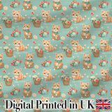 Cute Ginger Kitten with Flowers Basket Seamless Pattern Soft Teal Background Digital Print Fabric by the Metre UK Sewing Quilting Textile