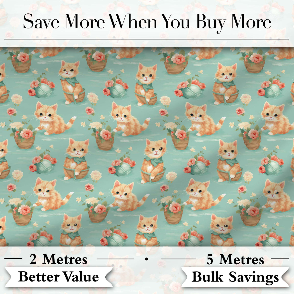 Cute Ginger Kitten with Flowers Basket Seamless Pattern Soft Teal Background Digital Print Fabric by the Metre UK Sewing Quilting Textile