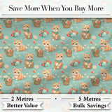 Cute Ginger Kitten with Flowers Basket Seamless Pattern Soft Teal Background Digital Print Fabric by the Metre UK Sewing Quilting Textile