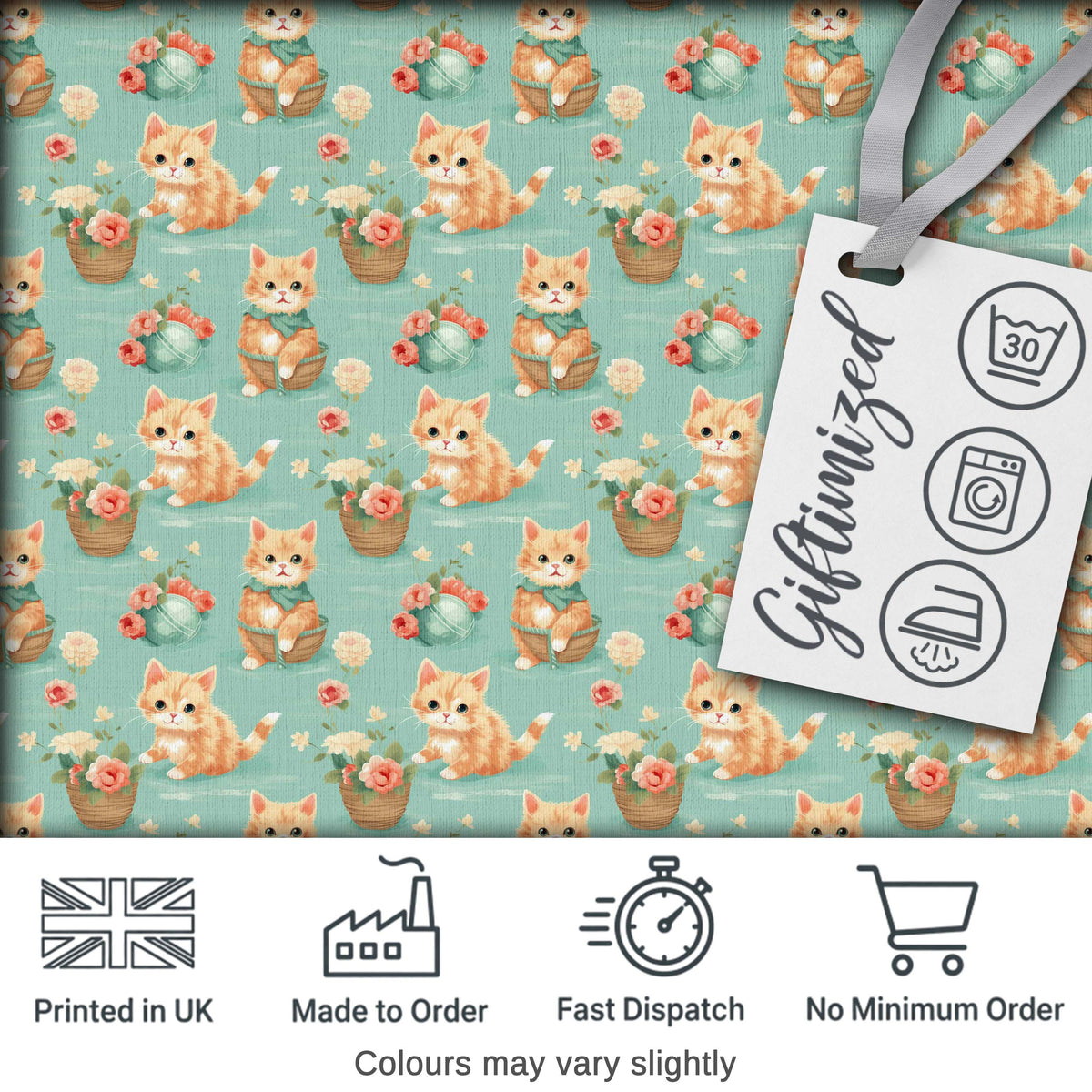 Cute Ginger Kitten with Flowers Basket Seamless Pattern Soft Teal Background Digital Print Fabric by the Metre UK Sewing Quilting Textile