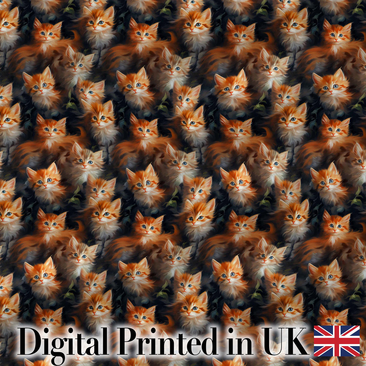 Fluffy Orange Kittens Seamless Pattern Dark Artistic Background Cute Cat Design Digital Print Fabric by the Metre UK Sewing Quilting Textile