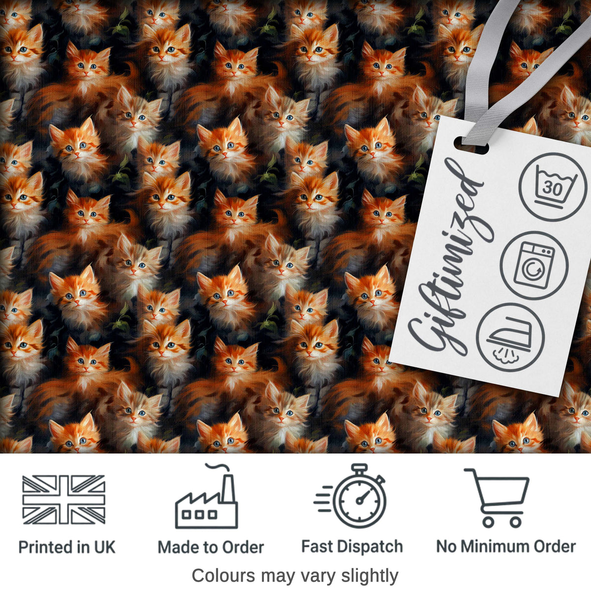 Fluffy Orange Kittens Seamless Pattern Dark Artistic Background Cute Cat Design Digital Print Fabric by the Metre UK Sewing Quilting Textile