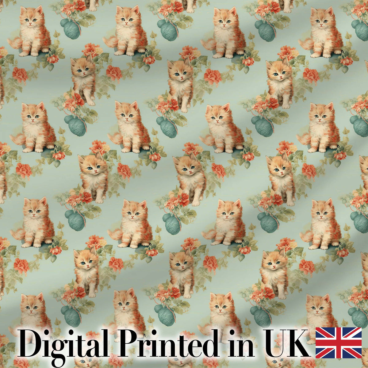 Cute Kitten with Yarn and Flowers Seamless Pattern Soft Vintage Background Digital Print Fabric by the Metre UK Sewing Quilting Textile