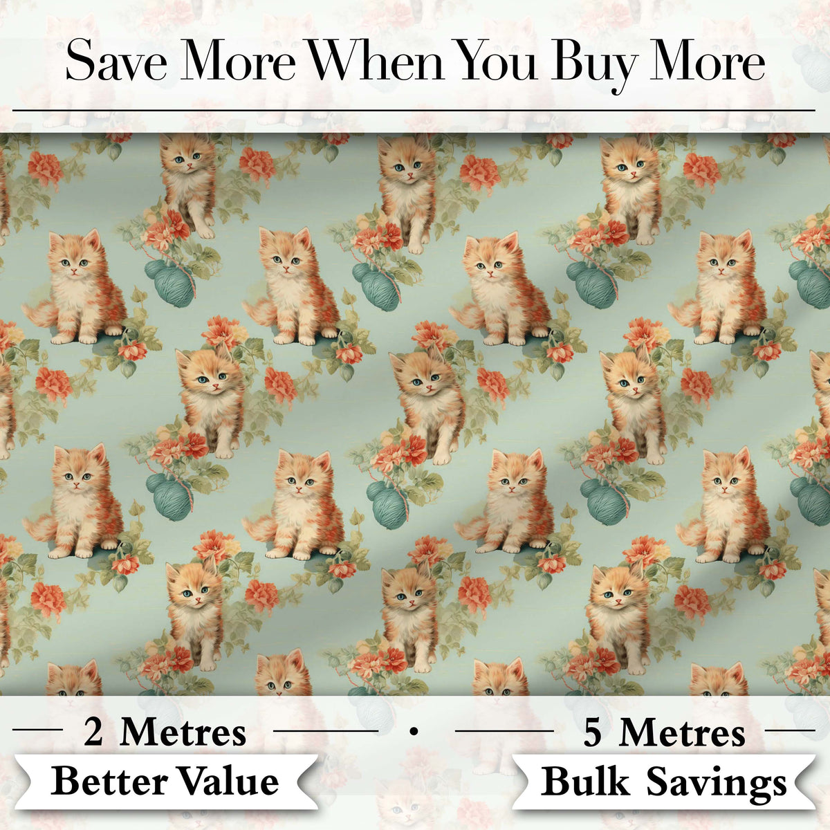 Cute Kitten with Yarn and Flowers Seamless Pattern Soft Vintage Background Digital Print Fabric by the Metre UK Sewing Quilting Textile