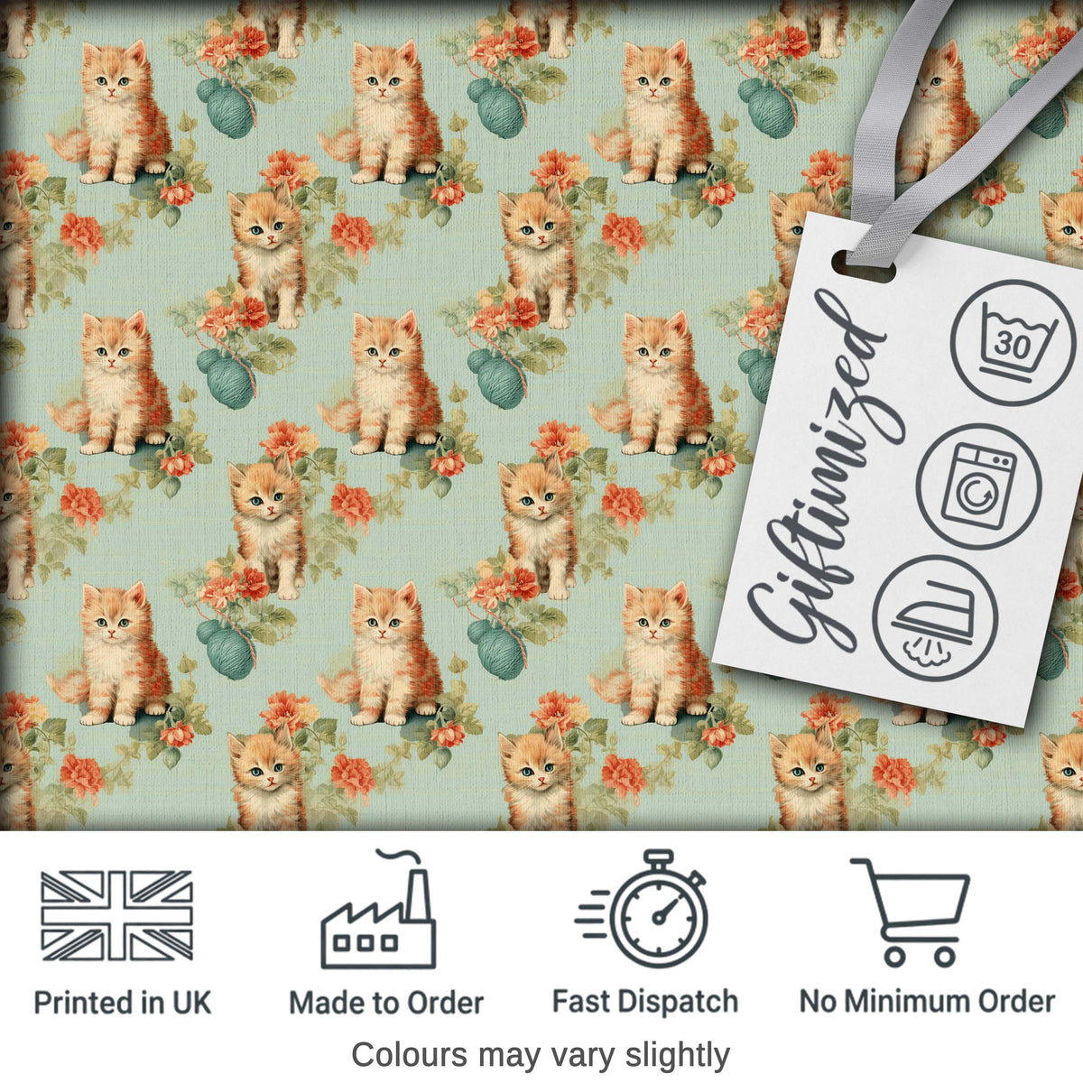 Cute Kitten with Yarn and Flowers Seamless Pattern Soft Vintage Background Digital Print Fabric by the Metre UK Sewing Quilting Textile