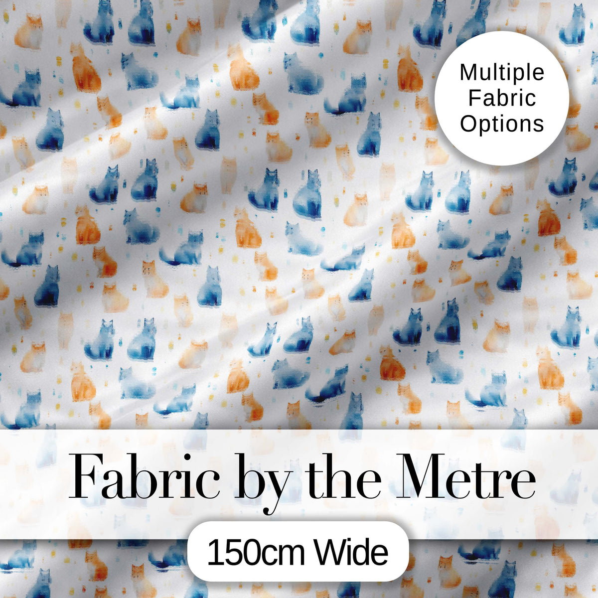 Soft Watercolor Blue and Ginger Cats Seamless Pattern Minimal White Background Digital Print Fabric by the Metre UK Sewing Quilting Textile
