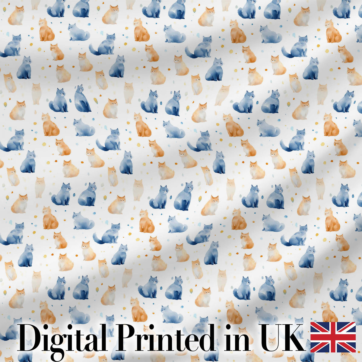 Soft Watercolor Blue and Ginger Cats Seamless Pattern Minimal White Background Digital Print Fabric by the Metre UK Sewing Quilting Textile