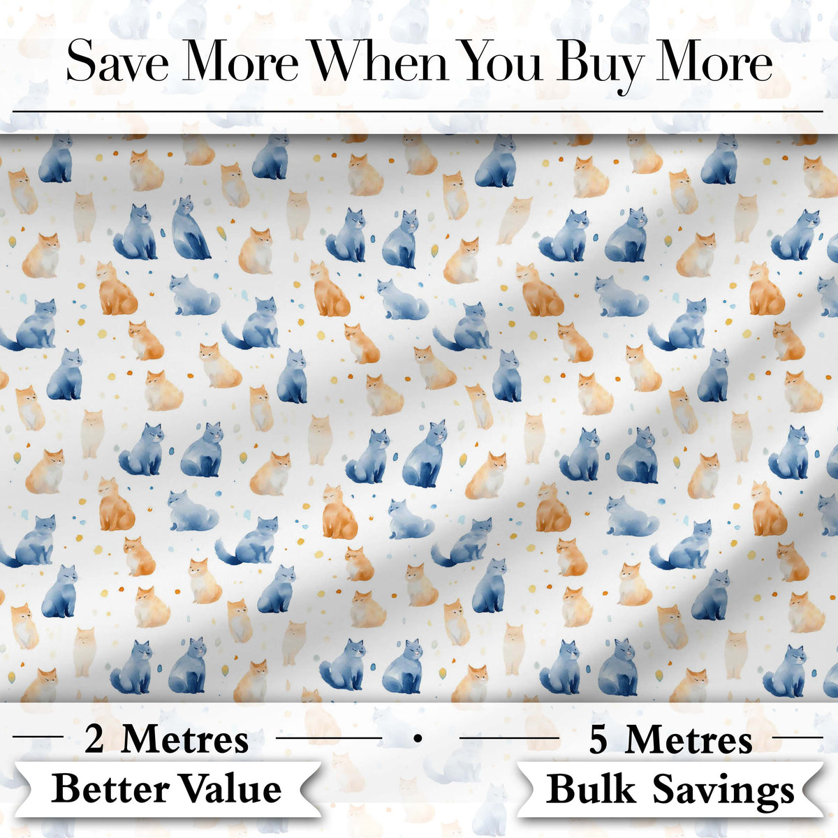 Soft Watercolor Blue and Ginger Cats Seamless Pattern Minimal White Background Digital Print Fabric by the Metre UK Sewing Quilting Textile