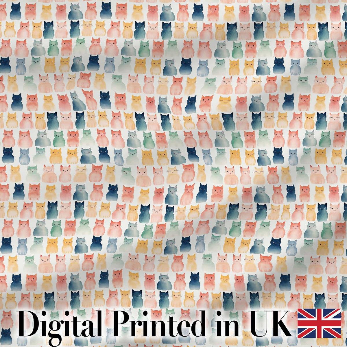 Pastel Watercolor Cute Cats Repeating Pattern Soft Neutral Background Digital Print Fabric by the Metre UK Sewing Quilting Textile