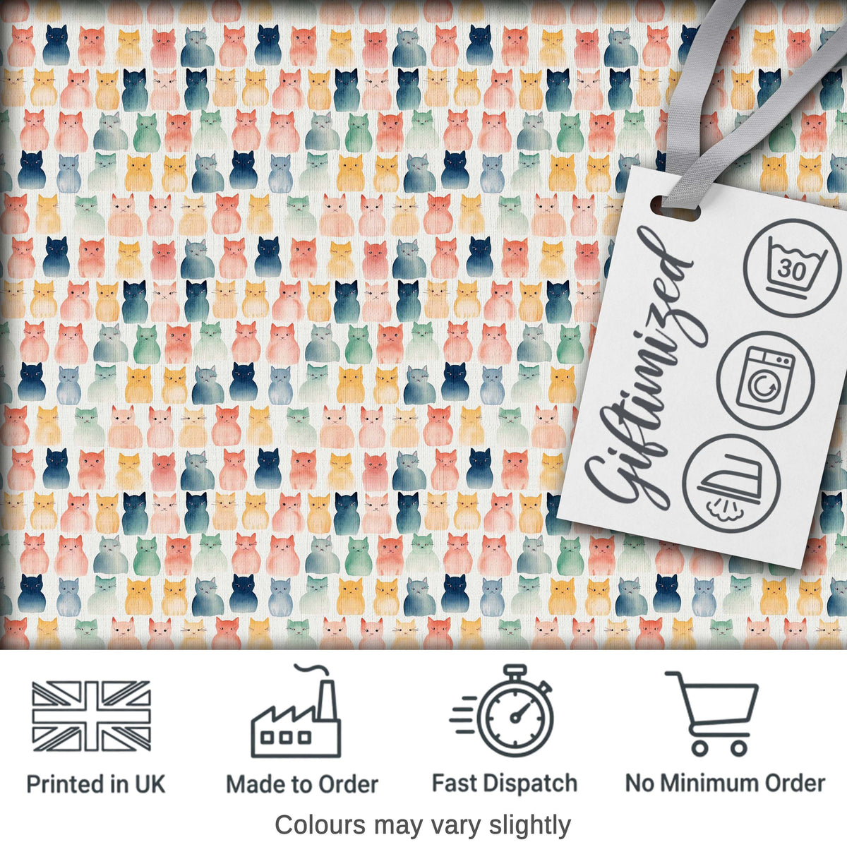 Pastel Watercolor Cute Cats Repeating Pattern Soft Neutral Background Digital Print Fabric by the Metre UK Sewing Quilting Textile