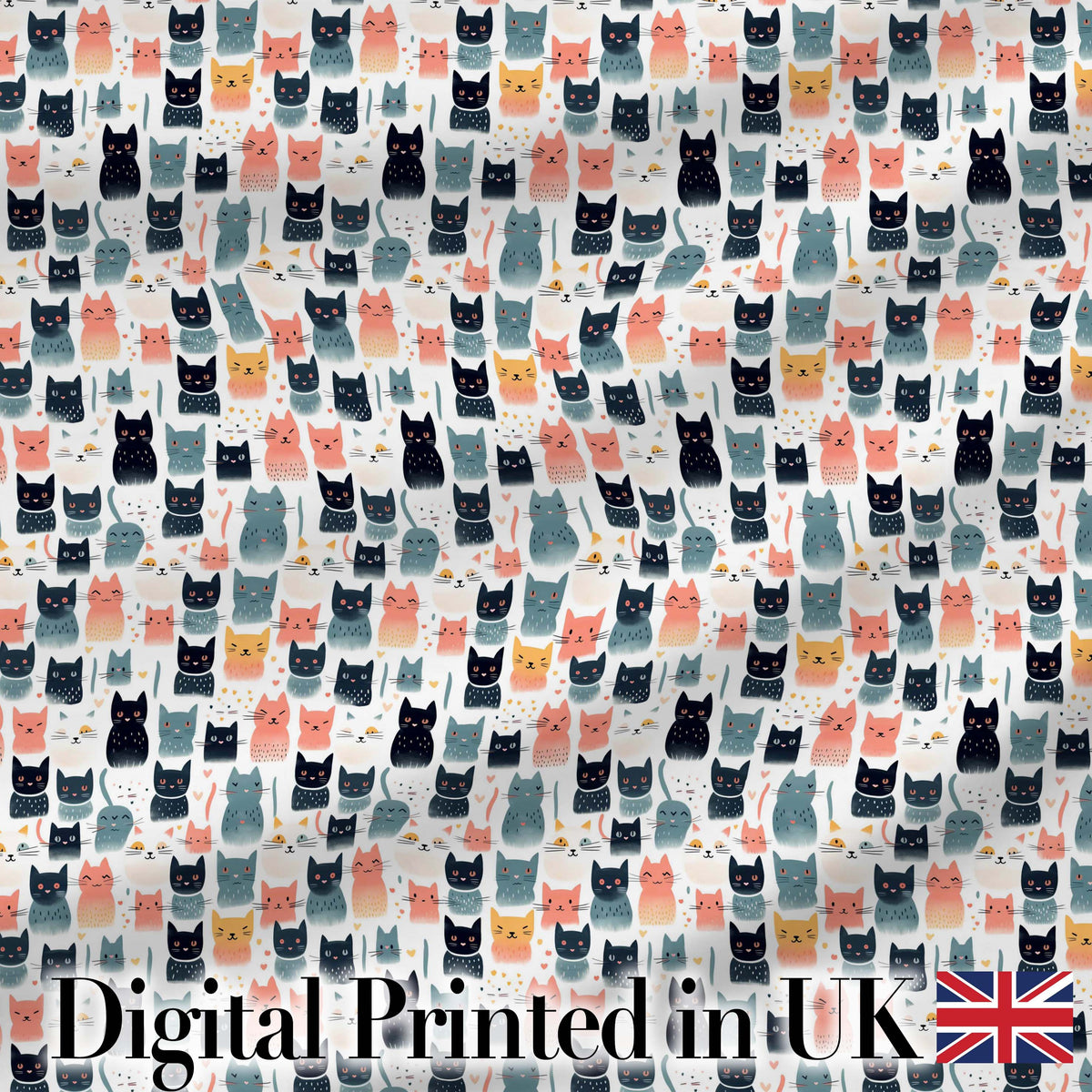 Playful Cartoon Cats with Hearts and Doodles Seamless Pattern Digital Print Fabric by the Metre UK Sewing Quilting Textile