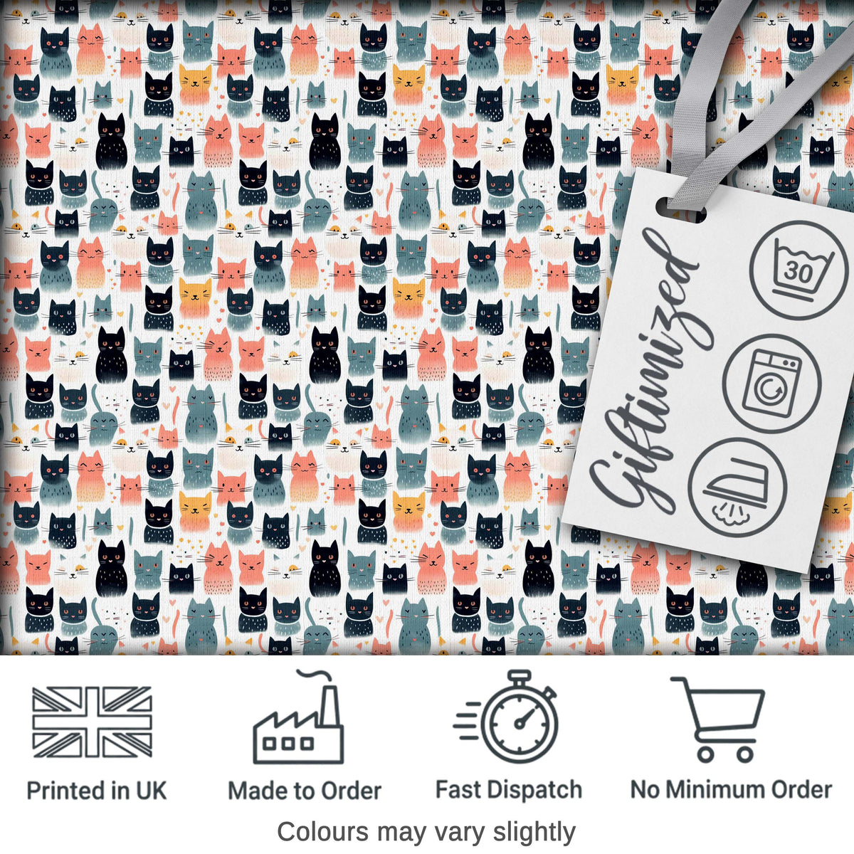 Playful Cartoon Cats with Hearts and Doodles Seamless Pattern Digital Print Fabric by the Metre UK Sewing Quilting Textile