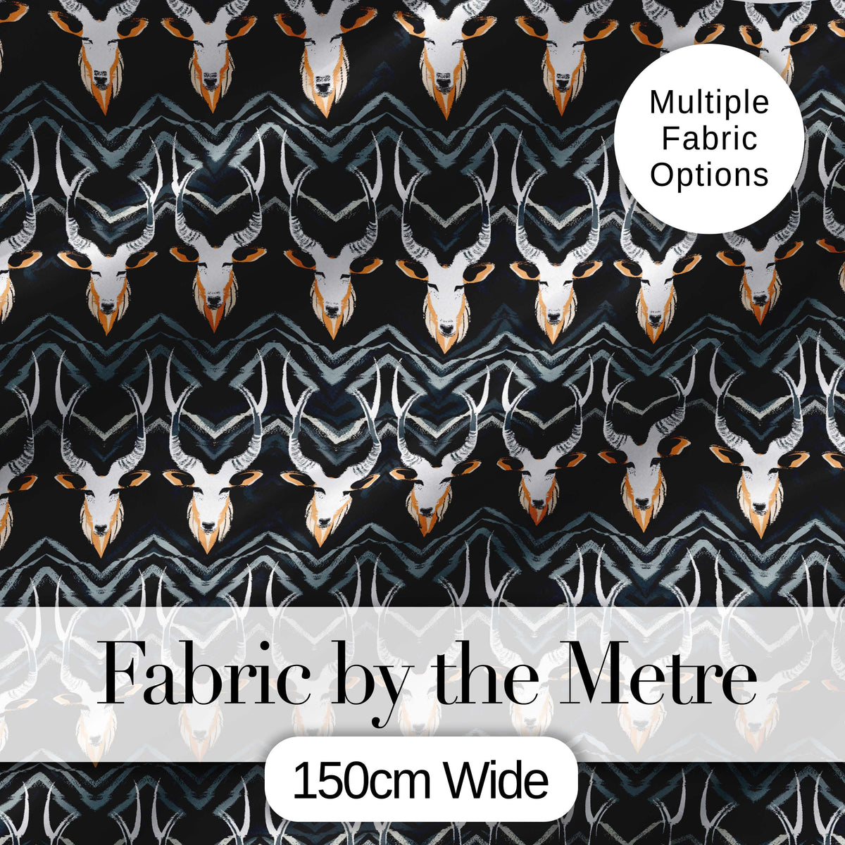 Elegant Antelope Skull Chevron Pattern Dark Background Seamless Digital Print Fabric by the Metre UK Sewing Quilting Textile