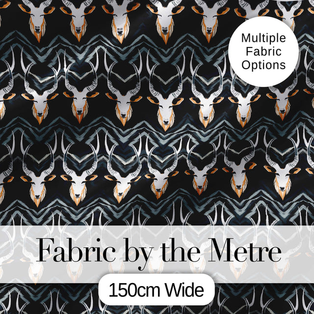 Elegant Antelope Skull Chevron Pattern Dark Background Seamless Digital Print Fabric by the Metre UK Sewing Quilting Textile