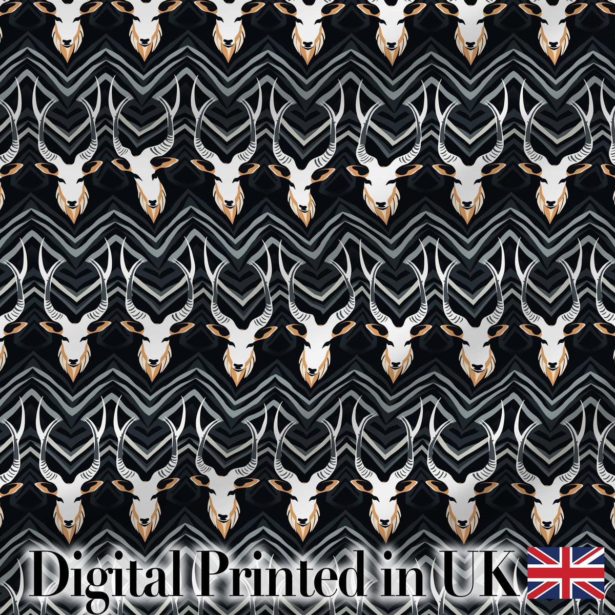 Elegant Antelope Skull Chevron Pattern Dark Background Seamless Digital Print Fabric by the Metre UK Sewing Quilting Textile