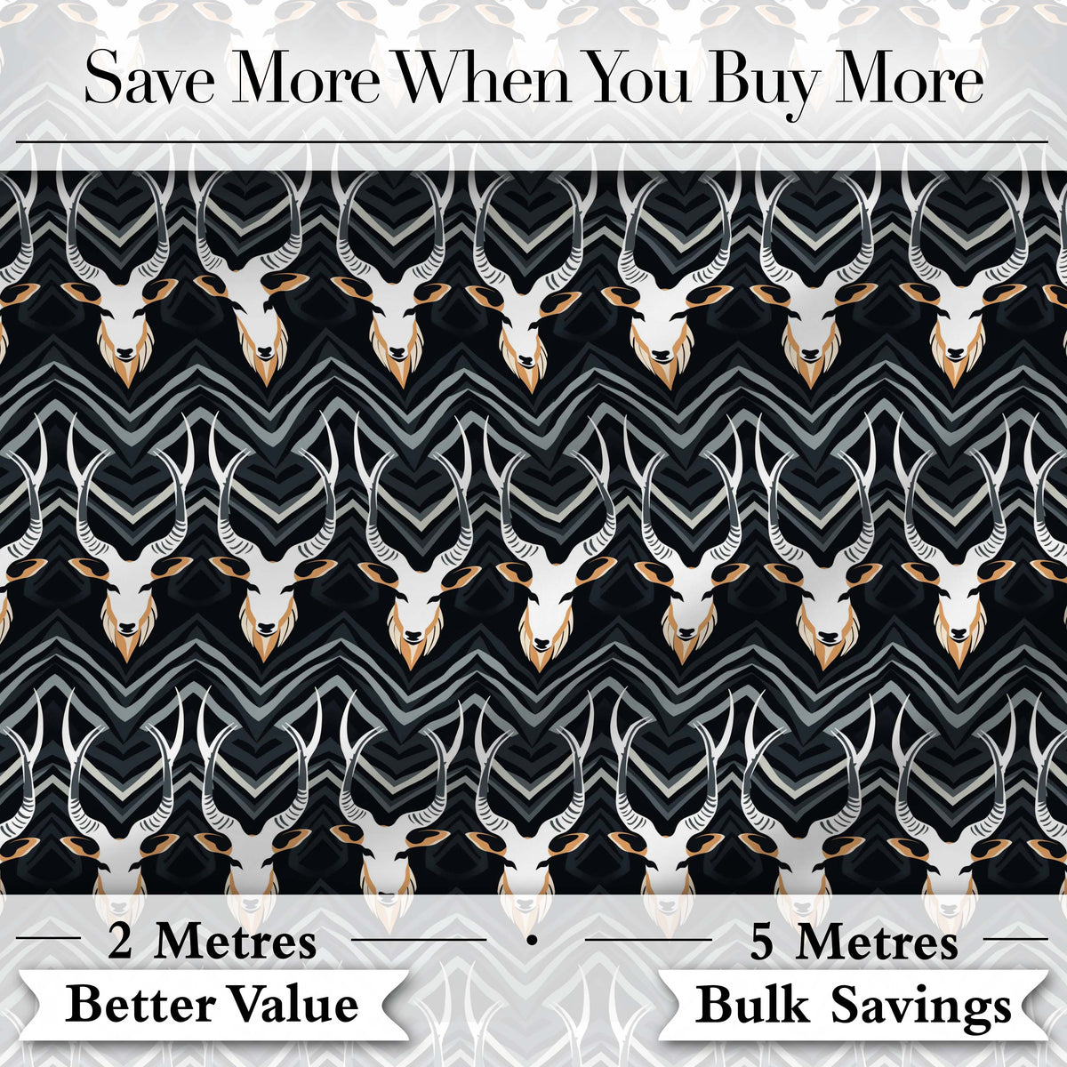 Elegant Antelope Skull Chevron Pattern Dark Background Seamless Digital Print Fabric by the Metre UK Sewing Quilting Textile