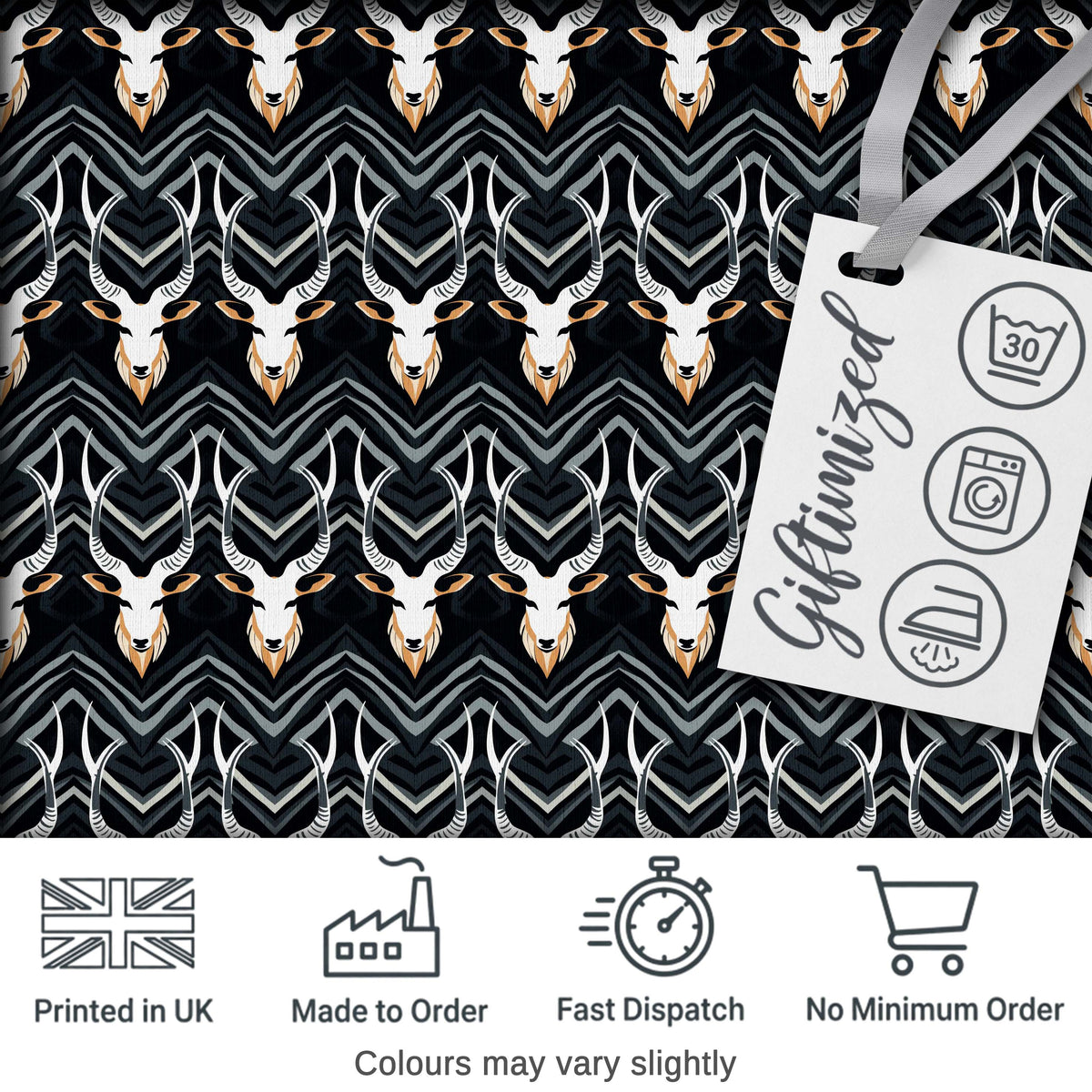 Elegant Antelope Skull Chevron Pattern Dark Background Seamless Digital Print Fabric by the Metre UK Sewing Quilting Textile