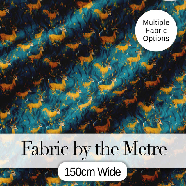 Artistic Golden Antelope on Teal Fluid Background Seamless Pattern Digital Print Fabric by the Metre UK Sewing Quilting Textile