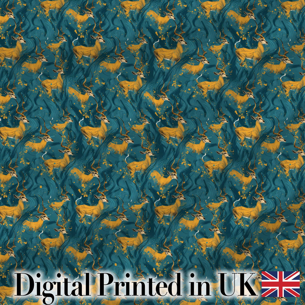 Artistic Golden Antelope on Teal Fluid Background Seamless Pattern Digital Print Fabric by the Metre UK Sewing Quilting Textile