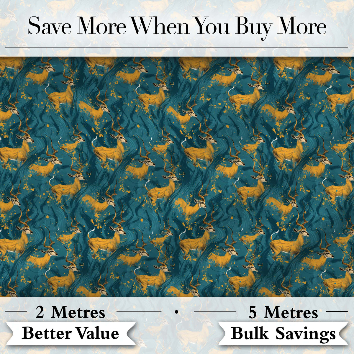 Artistic Golden Antelope on Teal Fluid Background Seamless Pattern Digital Print Fabric by the Metre UK Sewing Quilting Textile