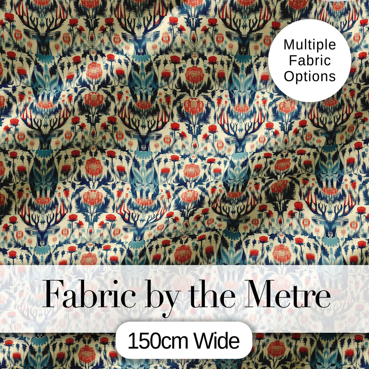 Decorative Deer and Floral Folk Art Pattern Cream Background Digital Print Fabric by the Metre UK Sewing Quilting Textile