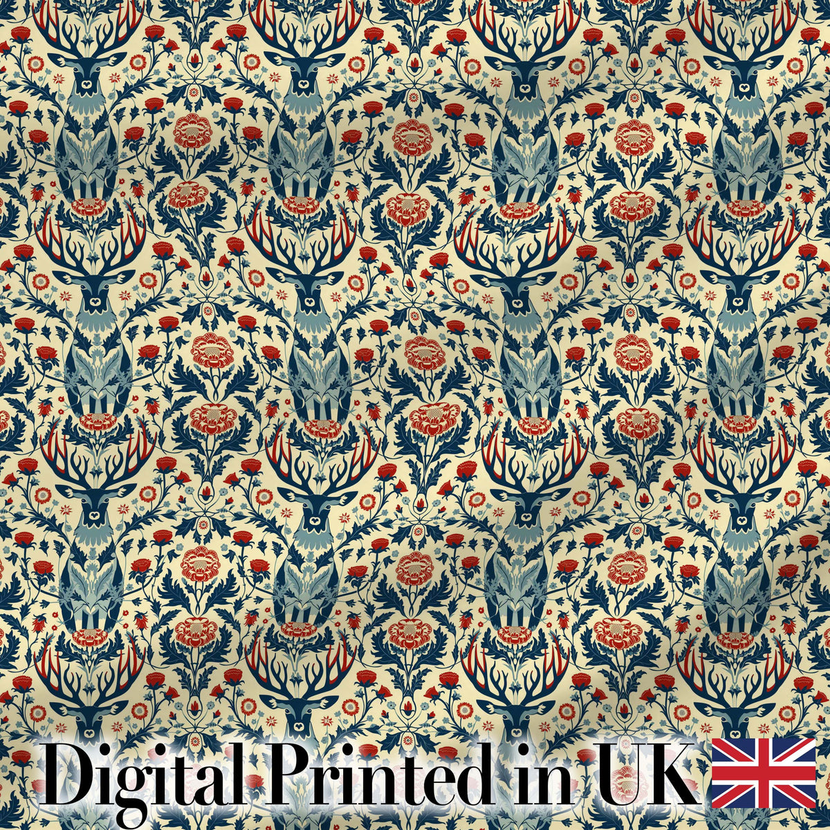 Decorative Deer and Floral Folk Art Pattern Cream Background Digital Print Fabric by the Metre UK Sewing Quilting Textile