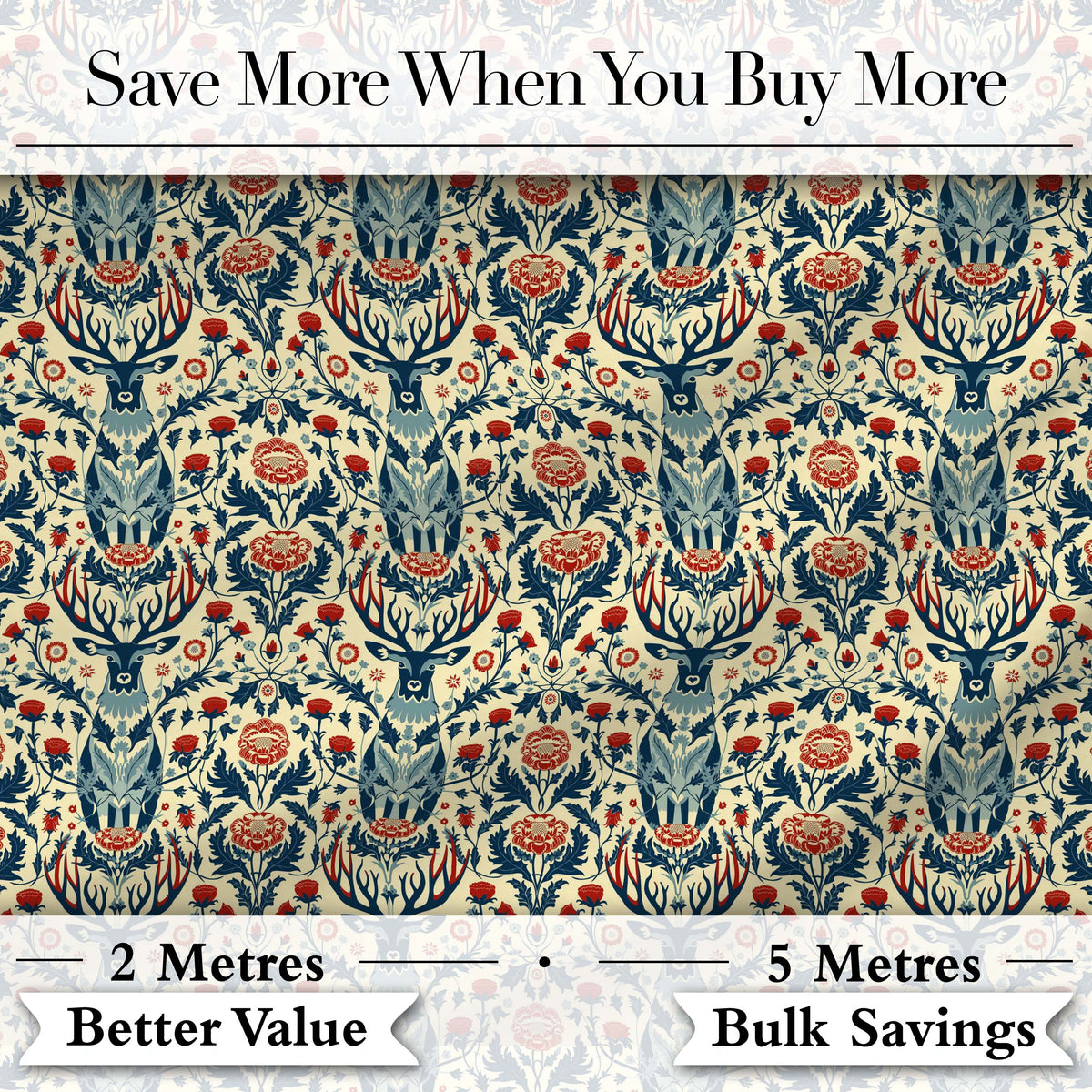 Decorative Deer and Floral Folk Art Pattern Cream Background Digital Print Fabric by the Metre UK Sewing Quilting Textile