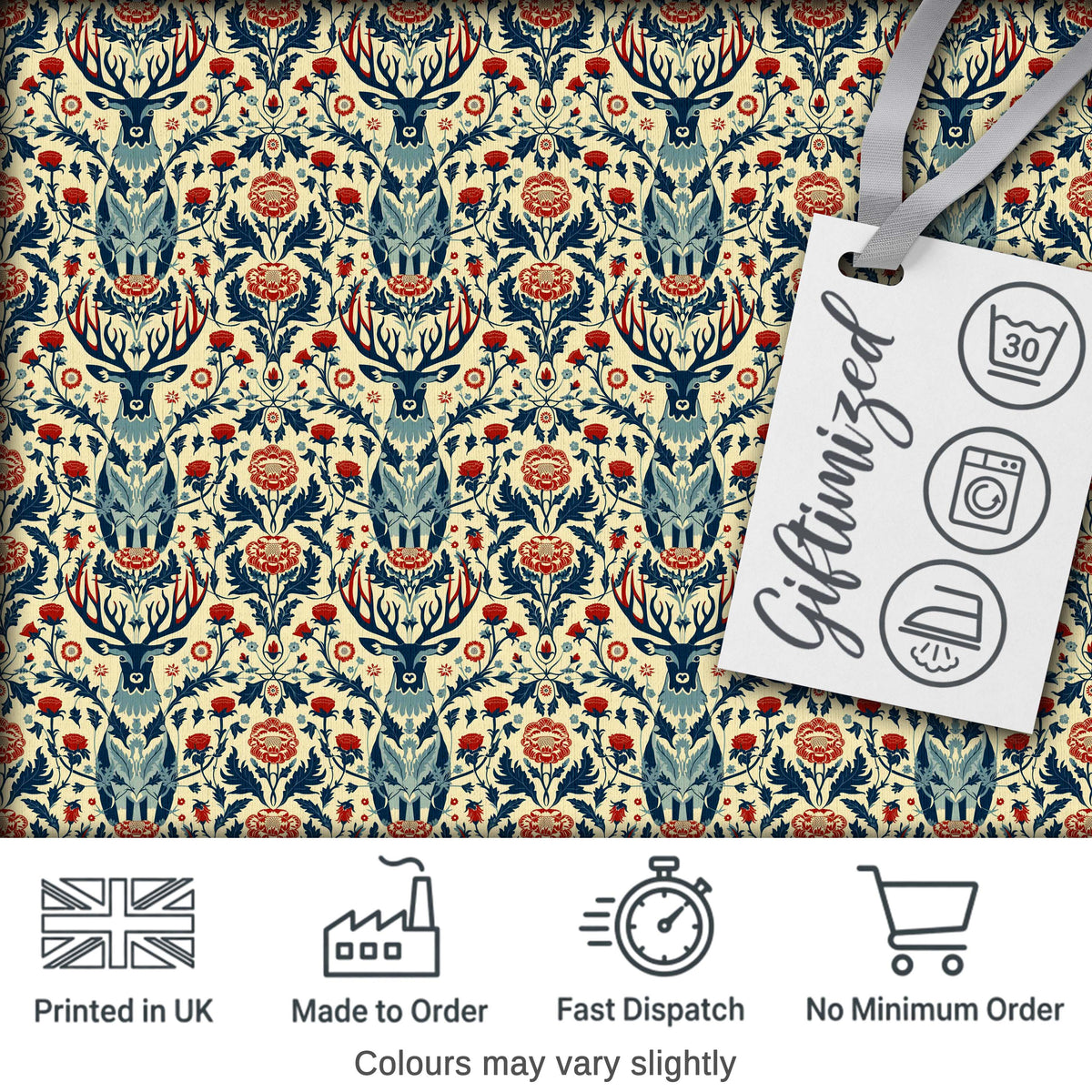 Decorative Deer and Floral Folk Art Pattern Cream Background Digital Print Fabric by the Metre UK Sewing Quilting Textile