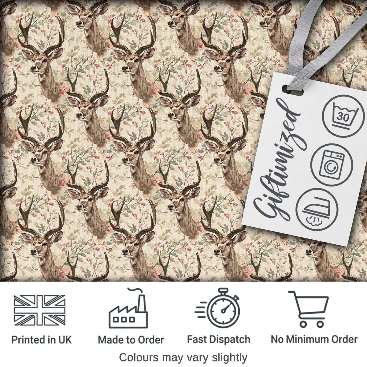 Vintage Deer Illustration with Floral Branche Cream Background Seamless Pattern Digital Print Fabric by the Metre UK Sewing Quilting Textile