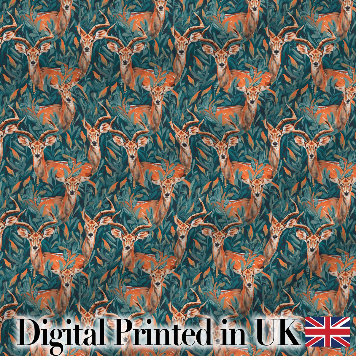 Vibrant Impala Deer in Lush Jungle Leaves Seamless Pattern Digital Print Fabric by the Metre UK Sewing Quilting Textile