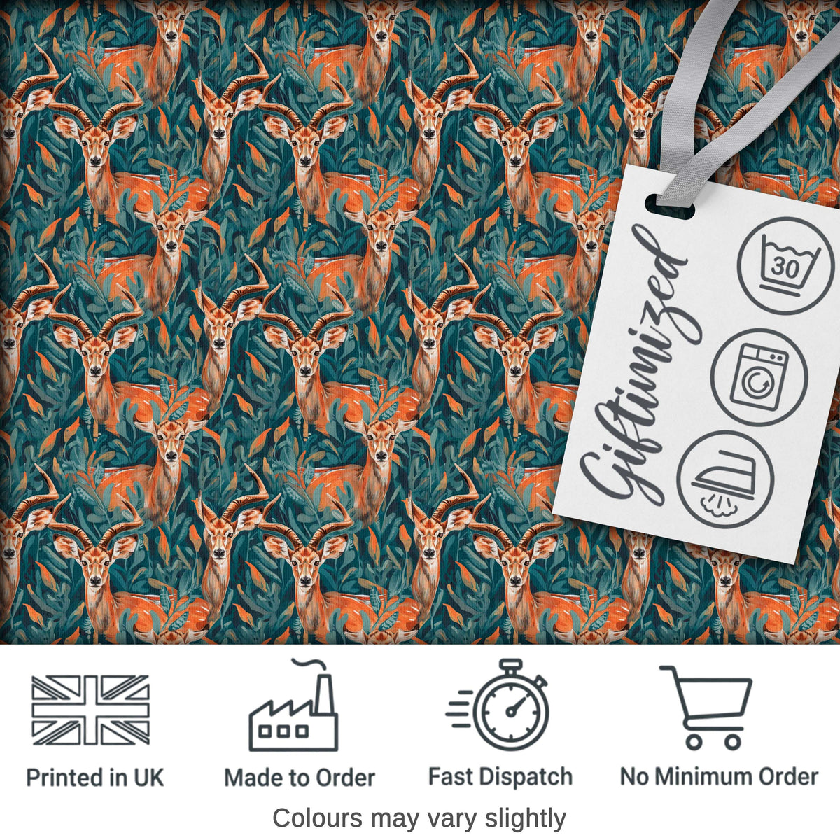 Vibrant Impala Deer in Lush Jungle Leaves Seamless Pattern Digital Print Fabric by the Metre UK Sewing Quilting Textile