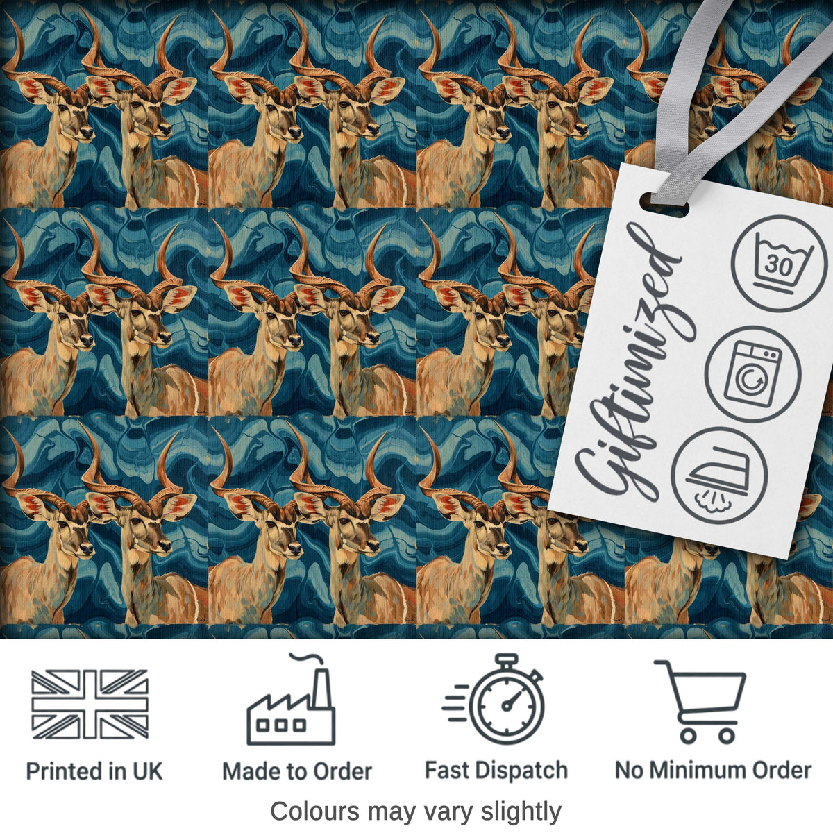 Elegant Kudu Antelope with Blue Marble Texture Seamless Pattern Digital Print Fabric by the Metre UK Sewing Quilting Textile