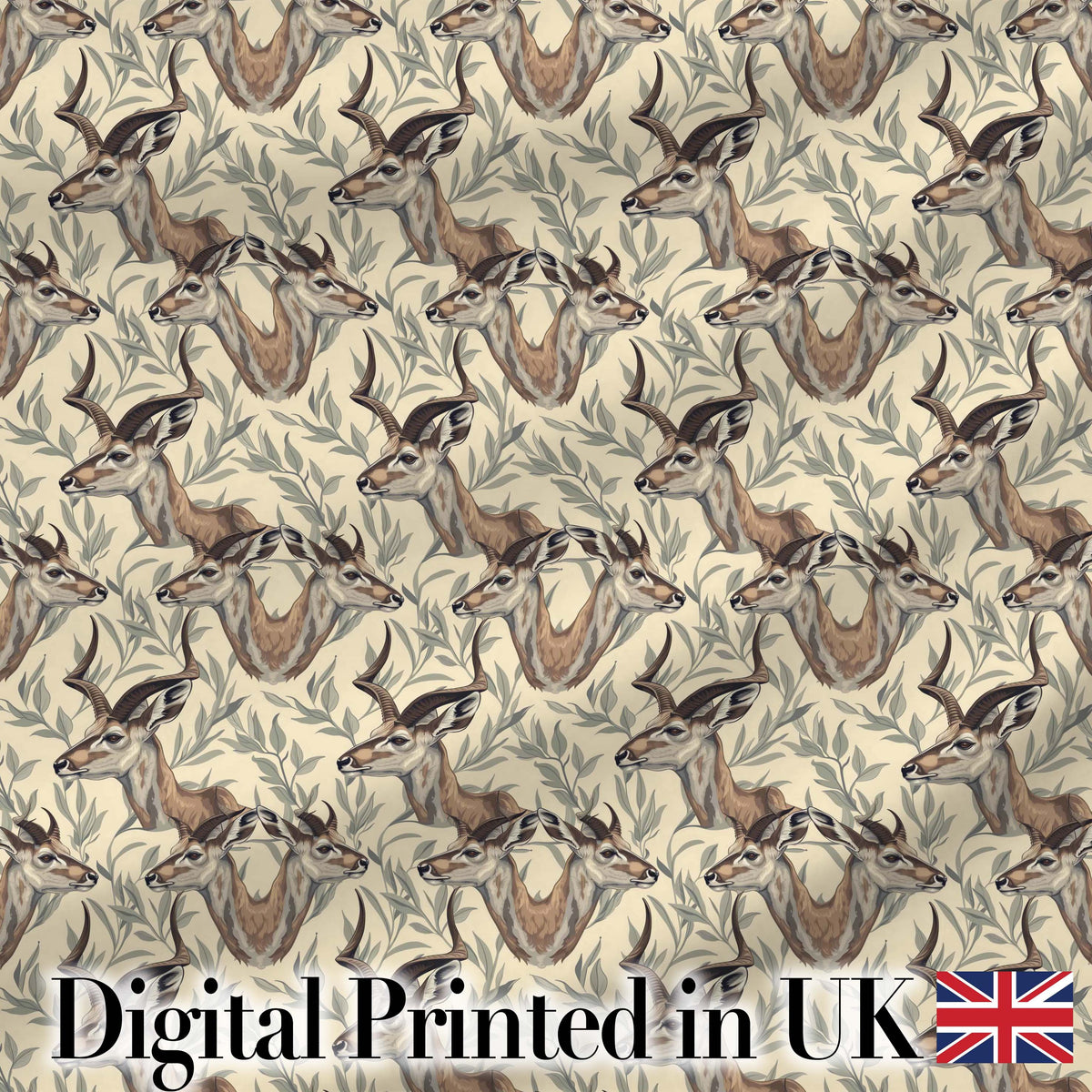 Natural Gazelle with Botanical Leaves Neutral Background Seamless Pattern Digital Print Fabric by the Metre UK Sewing Quilting Textile