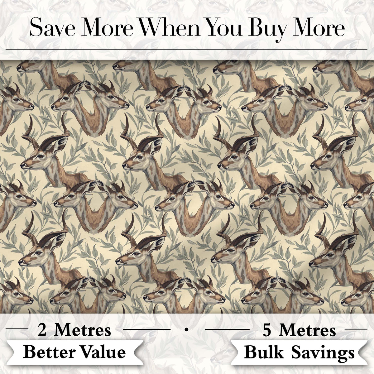 Natural Gazelle with Botanical Leaves Neutral Background Seamless Pattern Digital Print Fabric by the Metre UK Sewing Quilting Textile